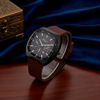 GENOA TIME V2 Quartz PC32 1ATM WR Black False Multifunction Dial & Black Case Mens Watch with Brown Silicone Strap