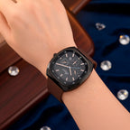 GENOA TIME V2 Quartz PC32 1ATM WR Black False Multifunction Dial & Black Case Mens Watch with Brown Silicone Strap