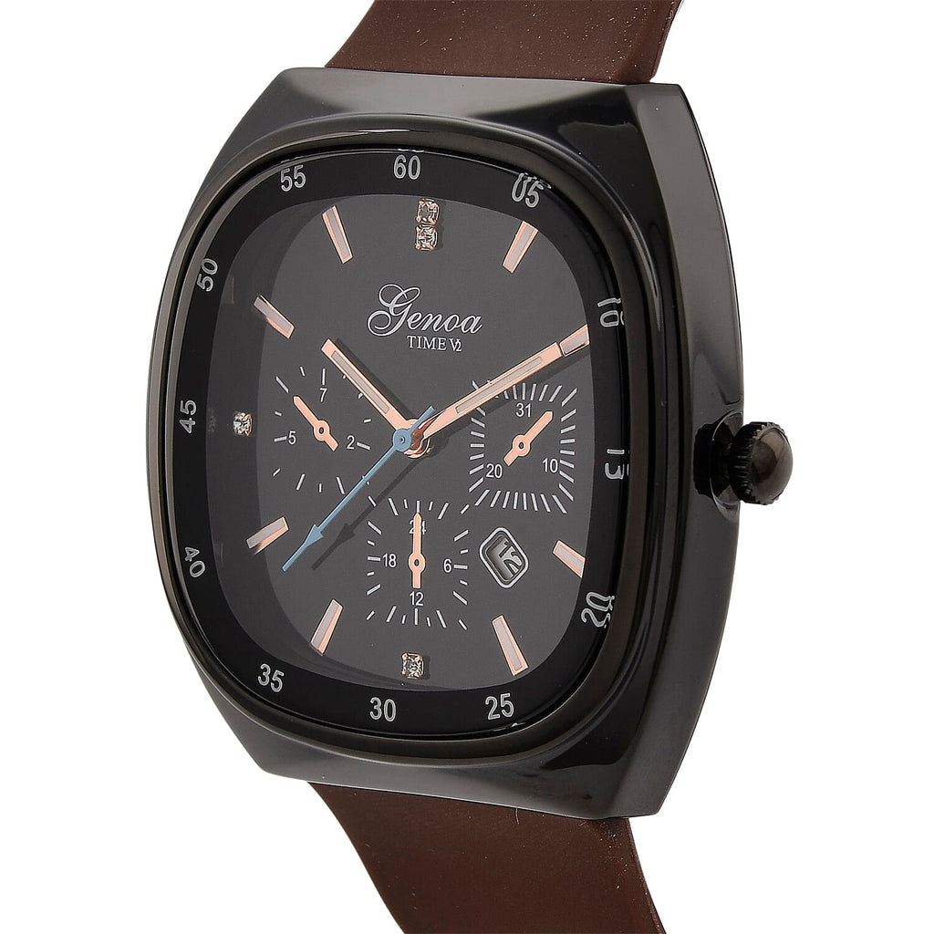 GENOA TIME V2 Quartz PC32 1ATM WR Black False Multifunction Dial & Black Case Mens Watch with Brown Silicone Strap