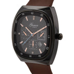 GENOA TIME V2 Quartz PC32 1ATM WR Black False Multifunction Dial & Black Case Mens Watch with Brown Silicone Strap