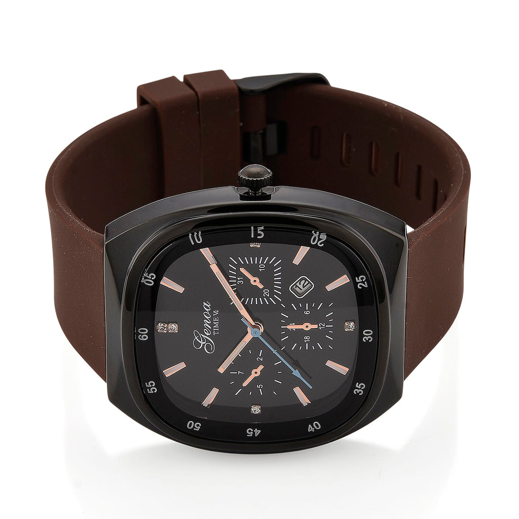 GENOA TIME V2 Quartz PC32 1ATM WR Black False Multifunction Dial & Black Case Mens Watch with Brown Silicone Strap