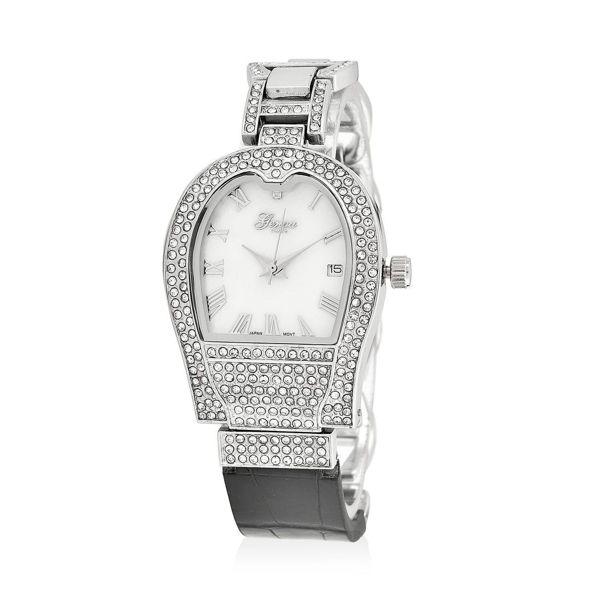 GENOA TIME V2 Seiko VJ32 with Date Japan Movement 3ATM Water Resistant White Crystal MOP Dial Watch with Black Leather &amp; Alloy Strap 7841824 0
