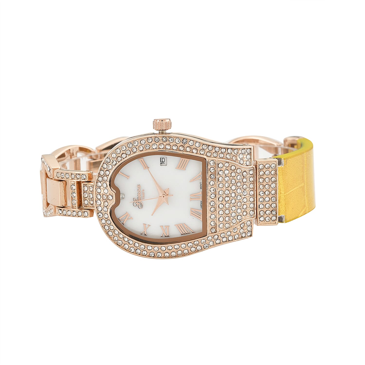 GENOA TIME V2 Seiko VJ32 with Date Japan Movement 3ATM Water Resistant White Crystal MOP Dial Watch with Yellow Leather &amp; Alloy Strap 7841839 4