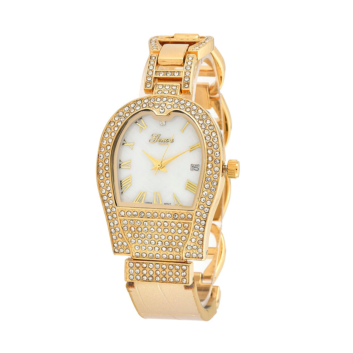 GENOA TIME V2 Seiko VJ32 with Date Japan Movement 3ATM Water Resistant White Crystal MOP Dial Watch with Gold Colour Leather &amp; Alloy Strap V32529380 0