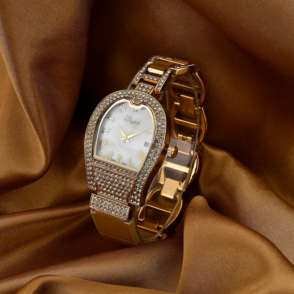 GENOA TIME V2 Seiko VJ32 with Date Japan Movement 3ATM Water Resistant White Crystal MOP Dial Watch with Gold Colour Leather &amp; Alloy Strap V32529380 2