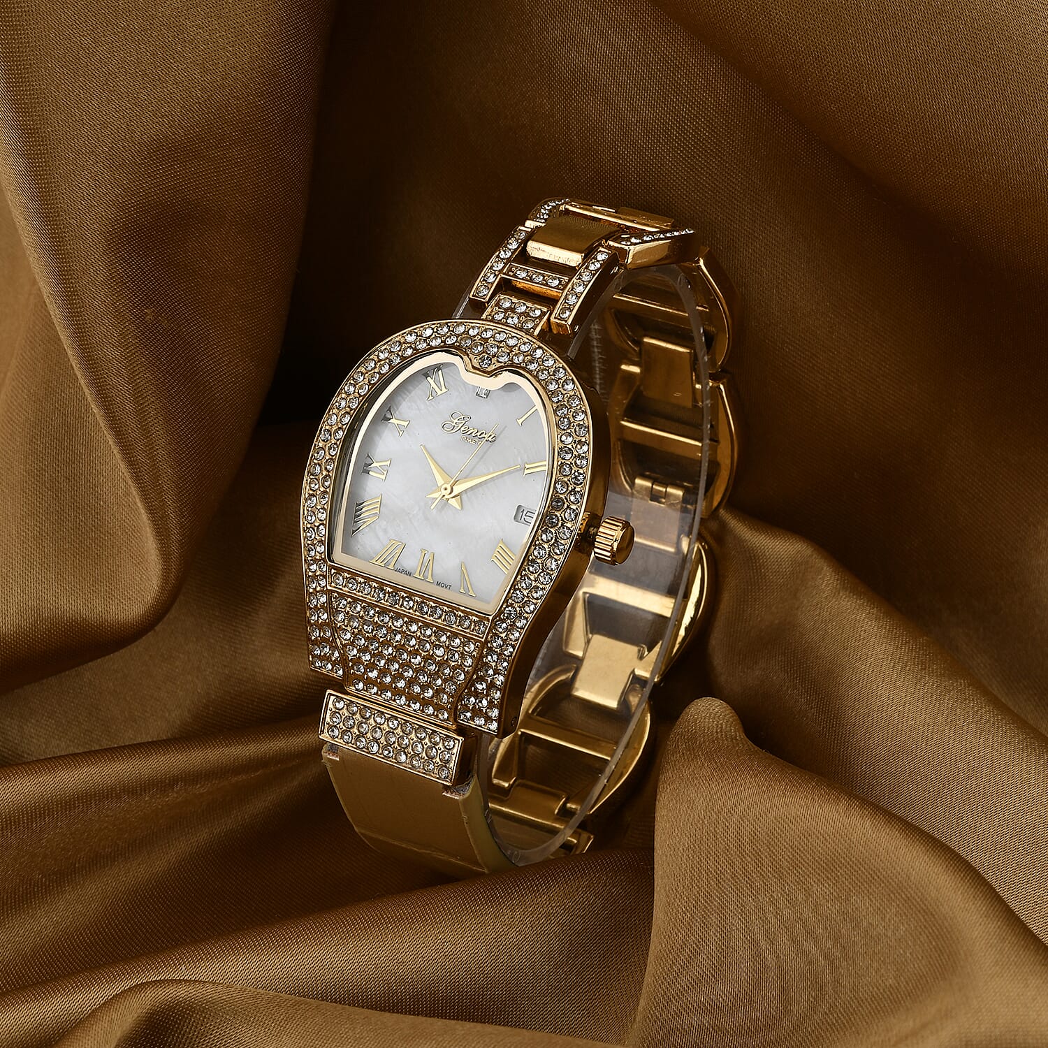 GENOA TIME V2 Seiko VJ32 with Date Japan Movement 3ATM Water Resistant White Crystal MOP Dial Watch with Gold Colour Leather &amp; Alloy Strap V32529380 2