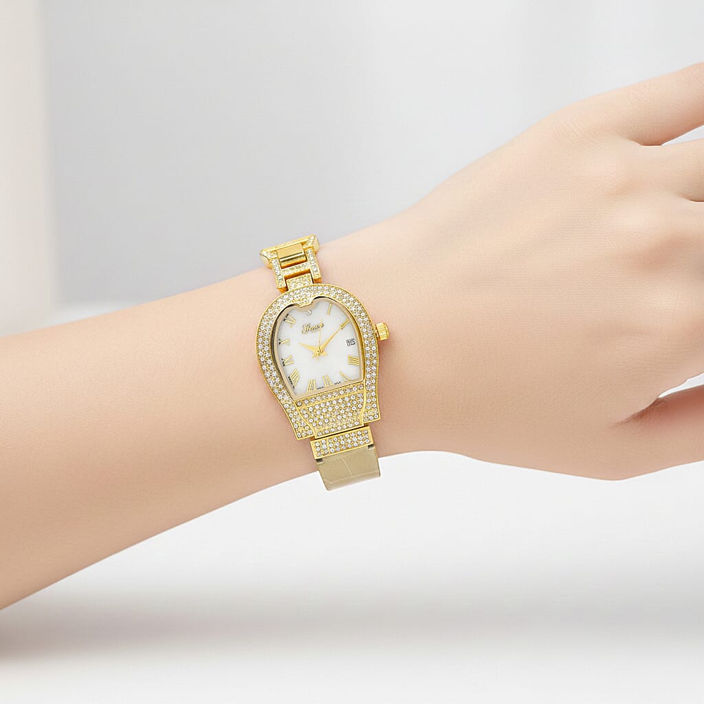 GENOA TIME V2 Seiko VJ32 with Date Japan Movement 3ATM Water Resistant White Crystal MOP Dial Watch with Gold Colour Leather &amp; Alloy Strap V32529380 3