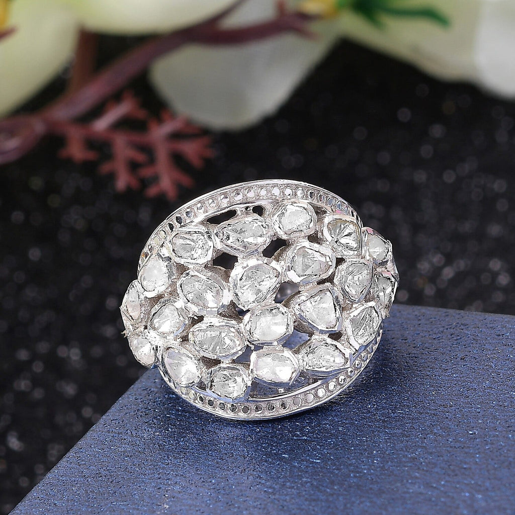 GP Polki Diamond Ring in Platinum Overlay Sterling Silver 1.02 Ct, Silver Wt. 9.95 Gms