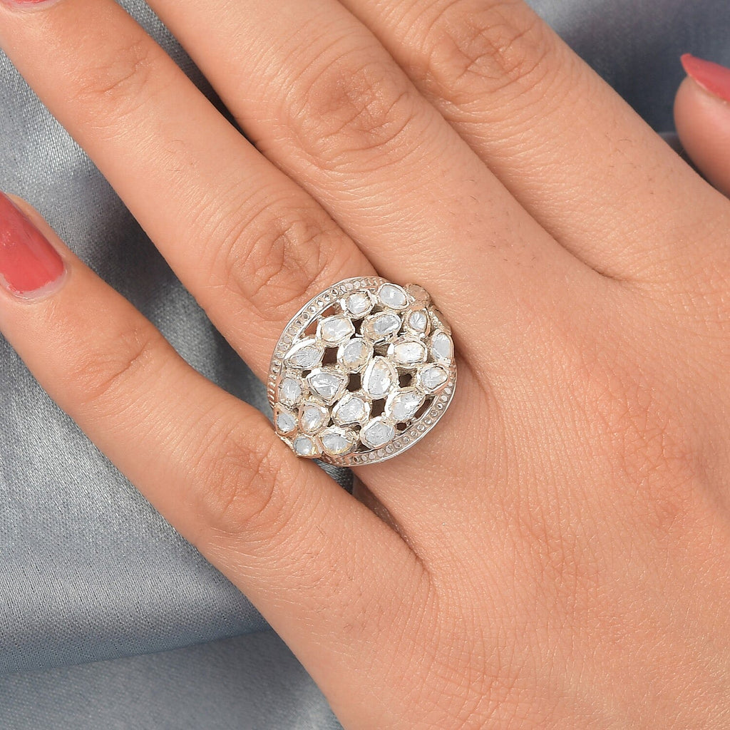 GP Polki Diamond Ring in Platinum Overlay Sterling Silver 1.02 Ct, Silver Wt. 9.95 Gms