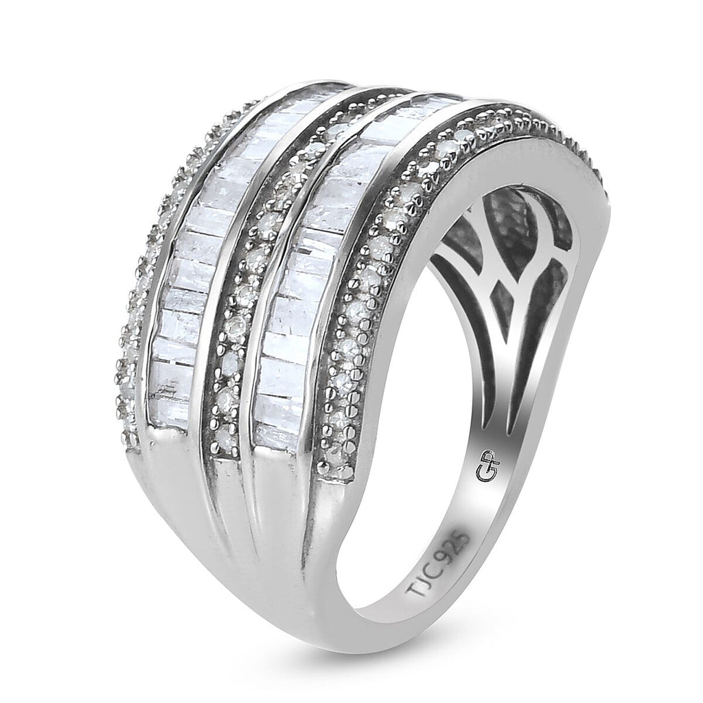 GP White Natural Diamond & Kanchanaburi Blue Sapphire Ring in Platinum Overlay Sterling Silver 1.16 Ct.
