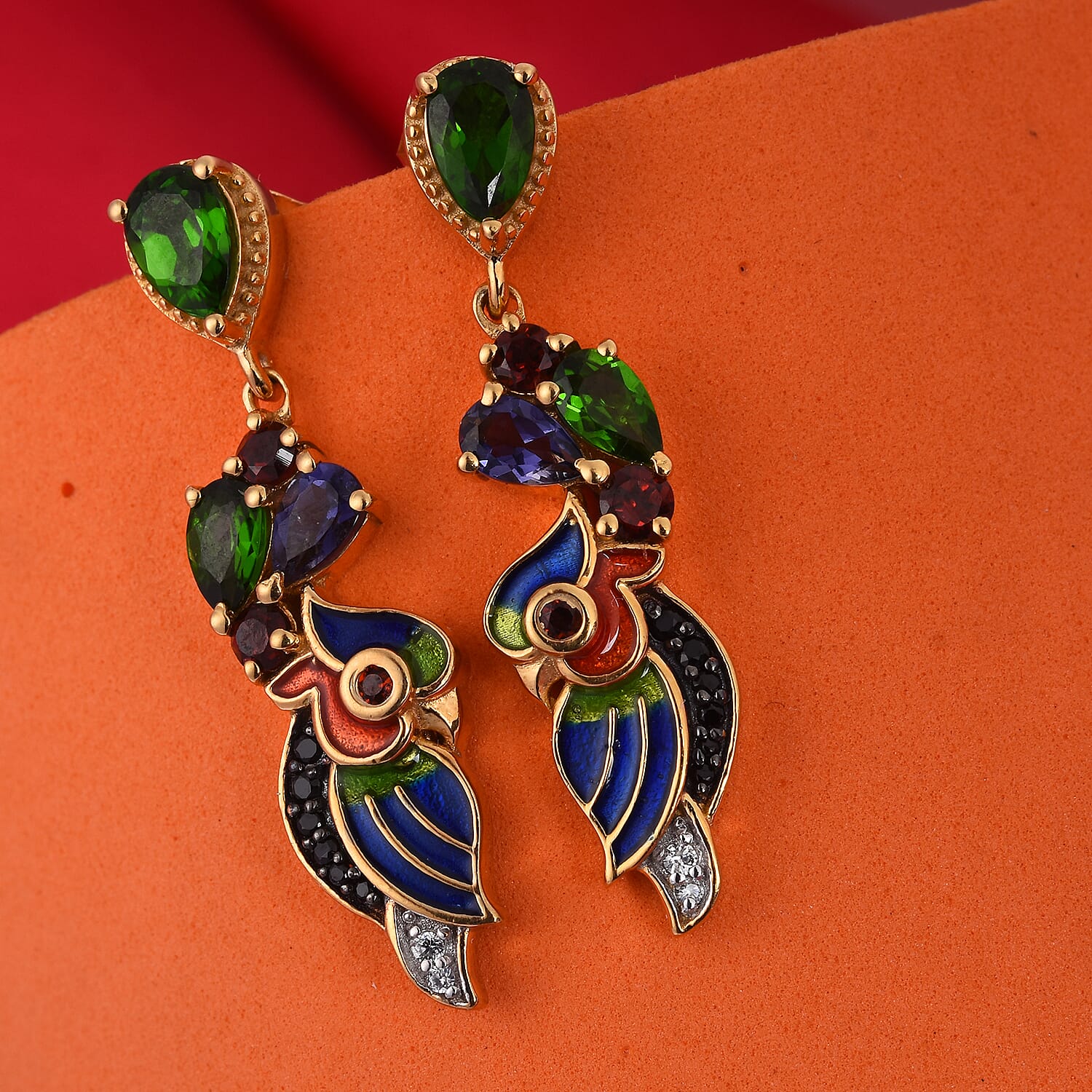GP 2.25 Ct  Diopside and Multi Gemstone Dangle Earrings in Gold Plated Silver 3468998 2