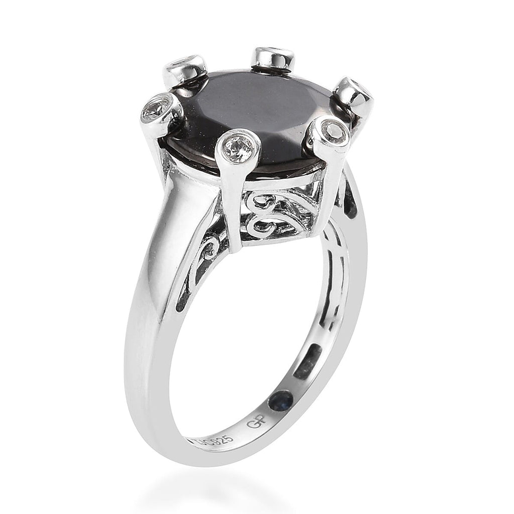GP Elite Shungite (Rnd 12 mm), Natural Cambodian Zircon and Blue Sapphire Ring in Platinum Overlay Sterling Silver 4.25 Ct.