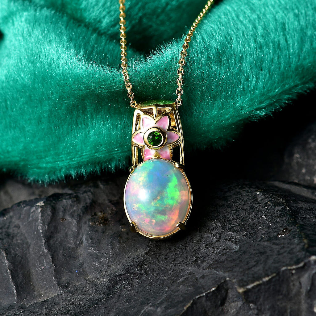 GP - AAA Ethiopian Opal, Natural Chrome Diopside & Blue Sapphire Pendant with Chain (Size 20) in 18K Vermeil Yellow Gold Plated Sterling Silver 3.62 Ct.
