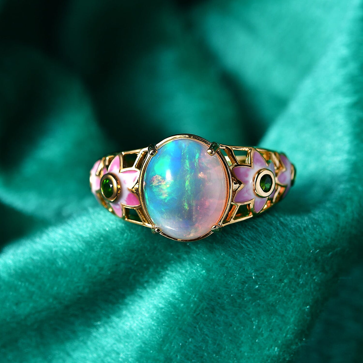 GP - PREMIUM AAA Ethiopian Opal, Natural Chrome Diopside &amp; Blue Sapphire Ring in 18K Vermeil Yellow Gold Plated Sterling Silver 3.46 Ct. 8532181 3