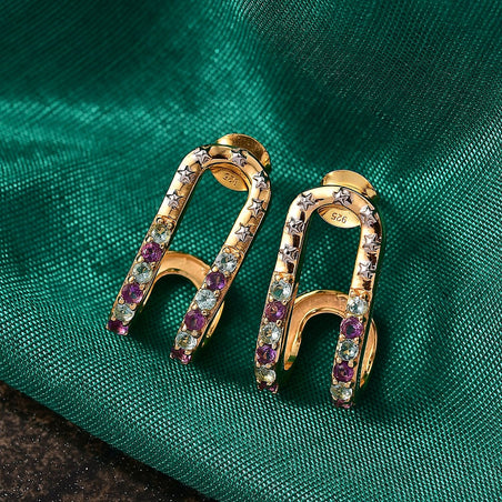 GP - Celestial Dream Collection African Amethyst &amp; Blue Sapphire Earring with Push Back in 18K Yellow Gold Plated &amp; Rhodium Overlay Sterling Silver 1.09 Ct, Silver Wt. 5.36 Gms. 8309267 2