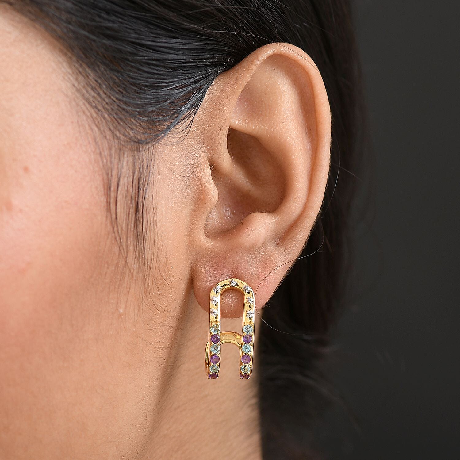 GP Celestial Dream Collection African Amethyst &amp; Blue Sapphire J Hoop Earring with Push Back in 18K Yellow Gold Plated &amp; Rhodium Overlay Sterling Silver 1.10 Ct. 8309267 3