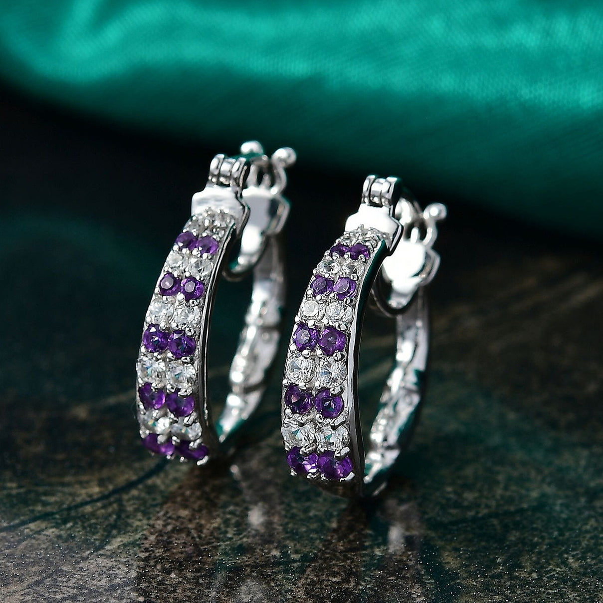 GP - Italian Garden Collection African Amethyst, Blue Sapphire &amp; White Zircon Full Hoop Earring in Rhodium Overlay Sterling Silver 2.34 Ct 8302754 2