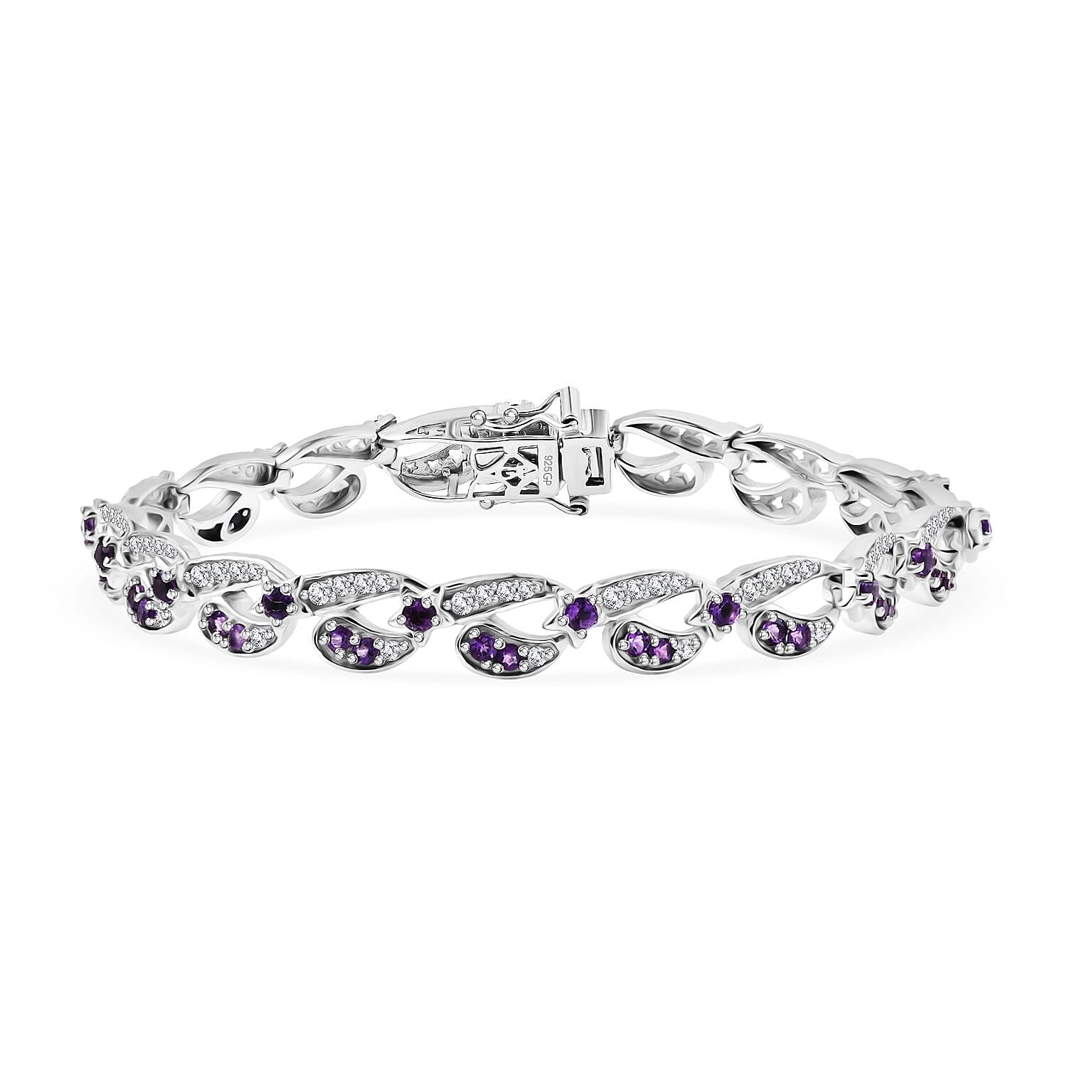 GP- Celestial Dream Collection African Amethyst, Blue Sapphire &amp; White Zircon Motif Linked Bracelet (Size 7.5) with GB Lock Box in Rhodium Overlay Sterling Silver 3.54 Ct, Silver Wt. 17.27 Gms. 8312424 0