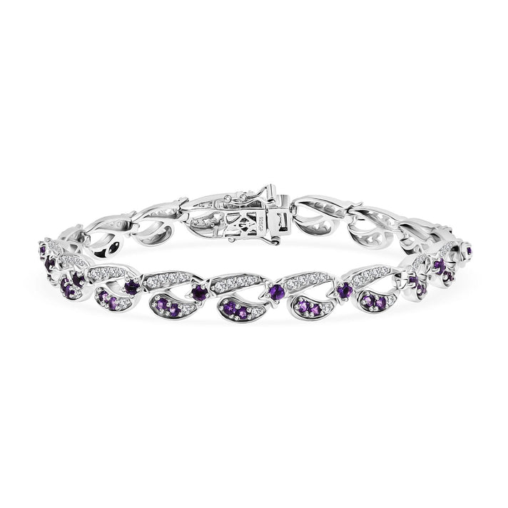 GP- Celestial Dream Collection African Amethyst, Blue Sapphire &amp; White Zircon Motif Linked Bracelet (Size 7.5) with GB Lock Box in Rhodium Overlay Sterling Silver 3.54 Ct, Silver Wt. 17.27 Gms. 8312424 1