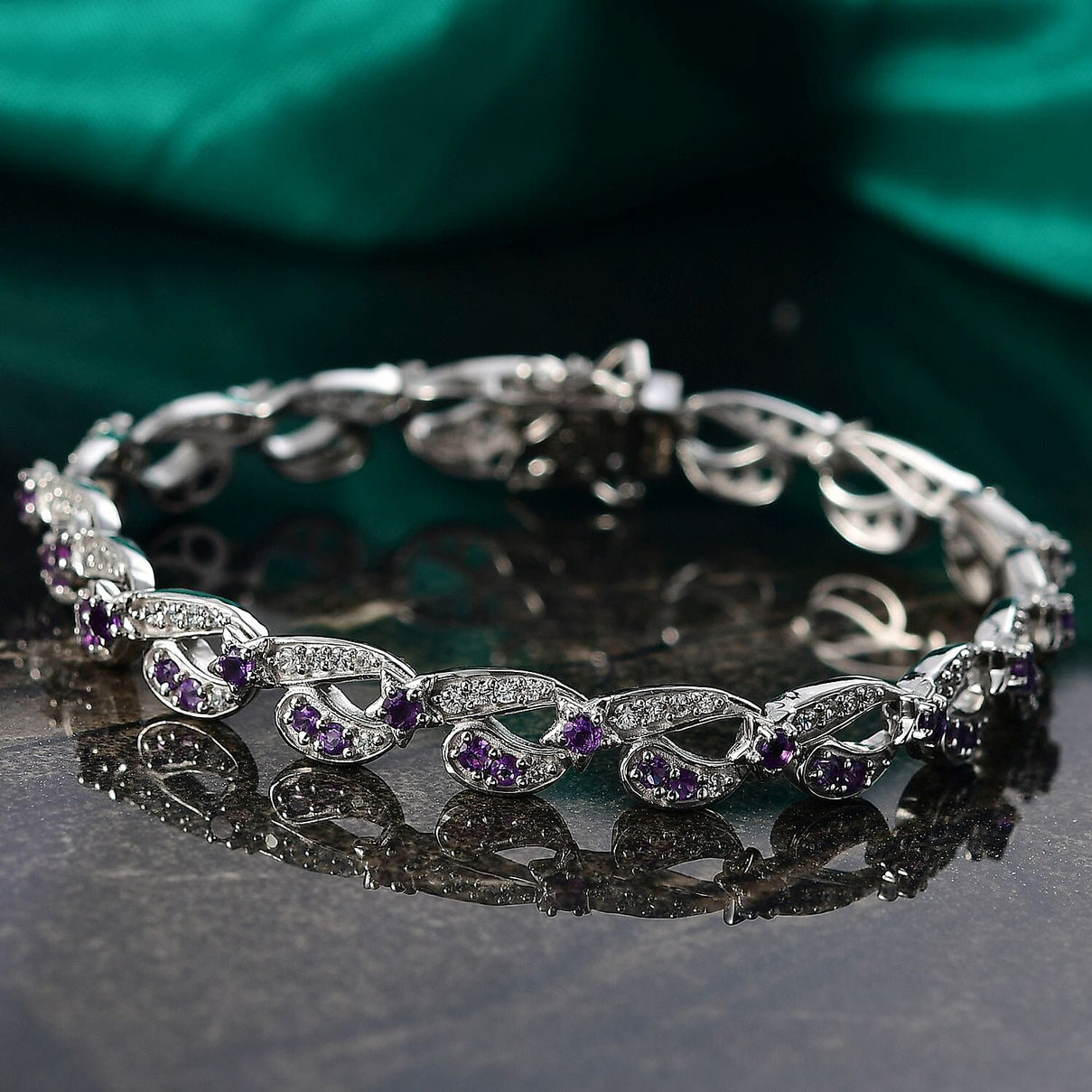 GP- Celestial Dream Collection African Amethyst, Blue Sapphire &amp; White Zircon Motif Linked Bracelet (Size 7.5) with GB Lock Box in Rhodium Overlay Sterling Silver 3.54 Ct, Silver Wt. 17.27 Gms. 8312424 2