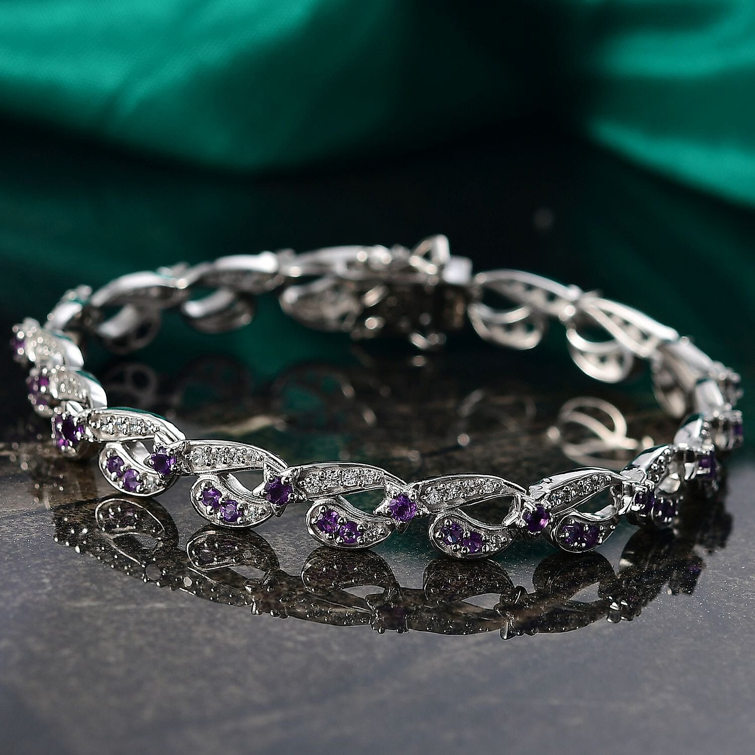 GP- Celestial Dream Collection African Amethyst, Blue Sapphire &amp; White Zircon Motif Linked Bracelet (Size 7.5) with GB Lock Box in Rhodium Overlay Sterling Silver 3.54 Ct, Silver Wt. 17.27 Gms. 8312424 2