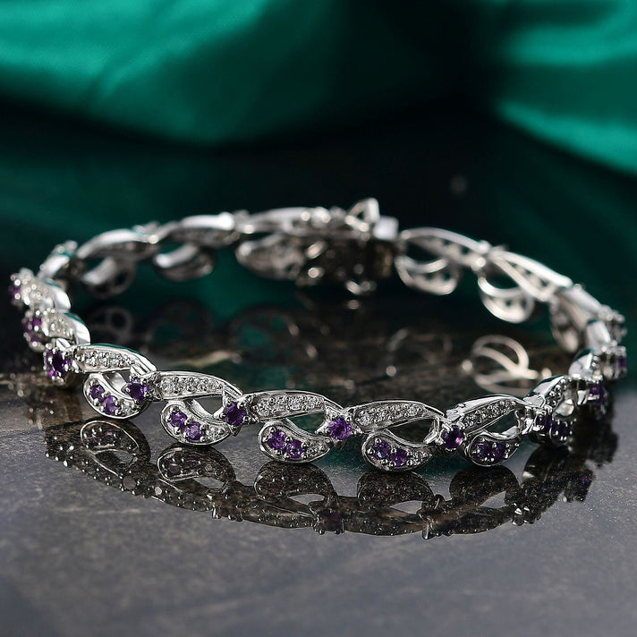 GP- Celestial Dream Collection African Amethyst, Blue Sapphire &amp; White Zircon Motif Linked Bracelet (Size 7.5) with GB Lock Box in Rhodium Overlay Sterling Silver 3.54 Ct, Silver Wt. 17.27 Gms. 8312424 2
