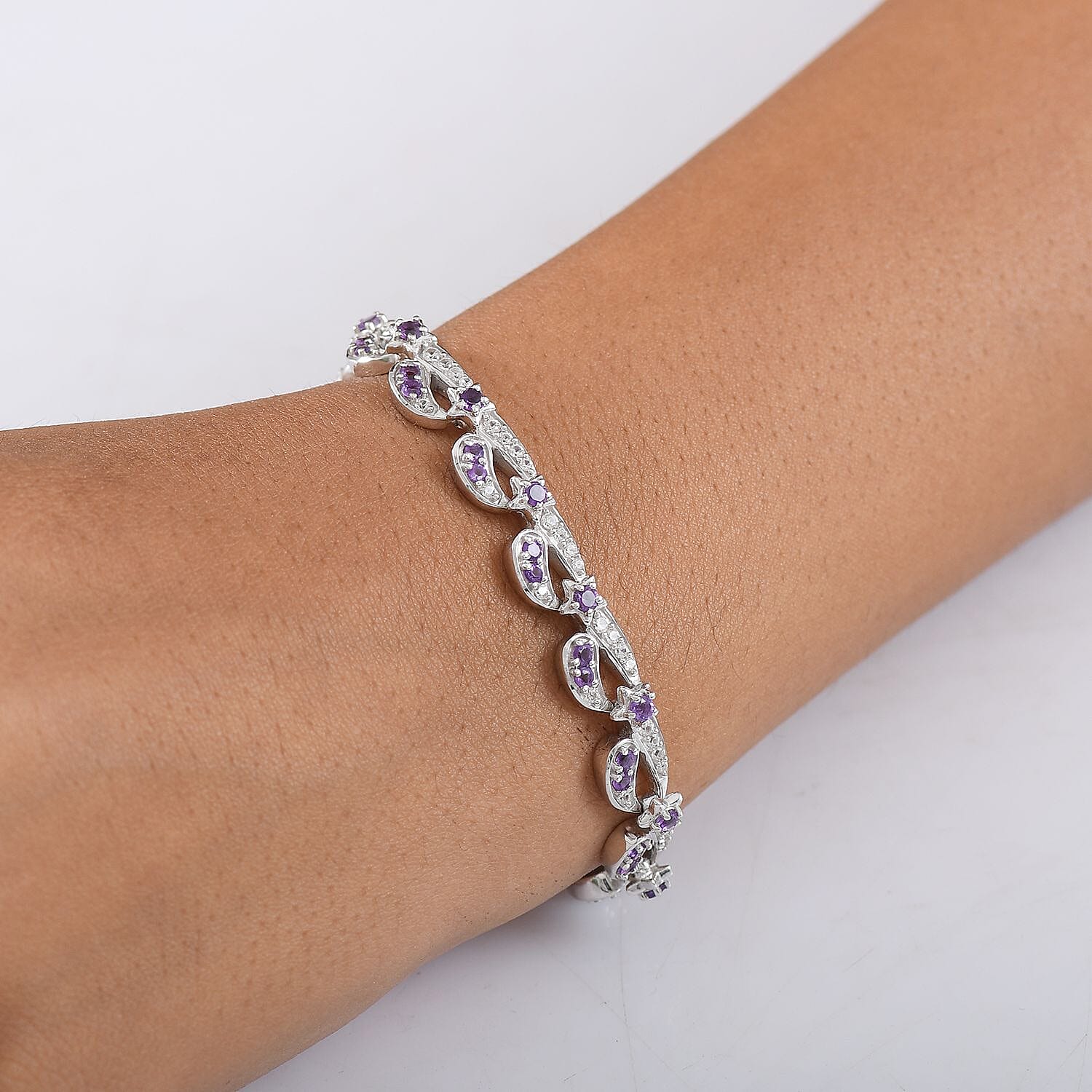 GP- Celestial Dream Collection African Amethyst, Blue Sapphire &amp; White Zircon Motif Linked Bracelet (Size 7.5) with GB Lock Box in Rhodium Overlay Sterling Silver 3.54 Ct, Silver Wt. 17.27 Gms. 8312424 3