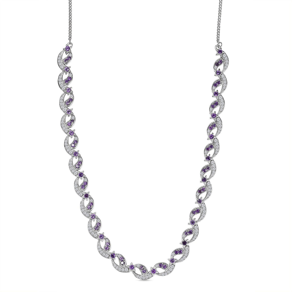 GP - Celestial Dream Collection African Amethyst, Blue Sapphire &amp; White Zircon Multi Row Necklace (Size 20) in Rhodium Overlay Sterling Silver 6.39 Ct, Silver Wt. 27.44 Gms. 8313352 0