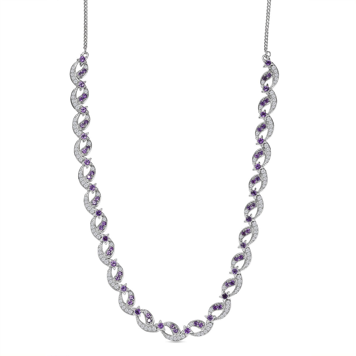 GP - Celestial Dream Collection African Amethyst, Blue Sapphire &amp; White Zircon Multi Row Necklace (Size 20) in Rhodium Overlay Sterling Silver 6.39 Ct, Silver Wt. 27.44 Gms. 8313352 0