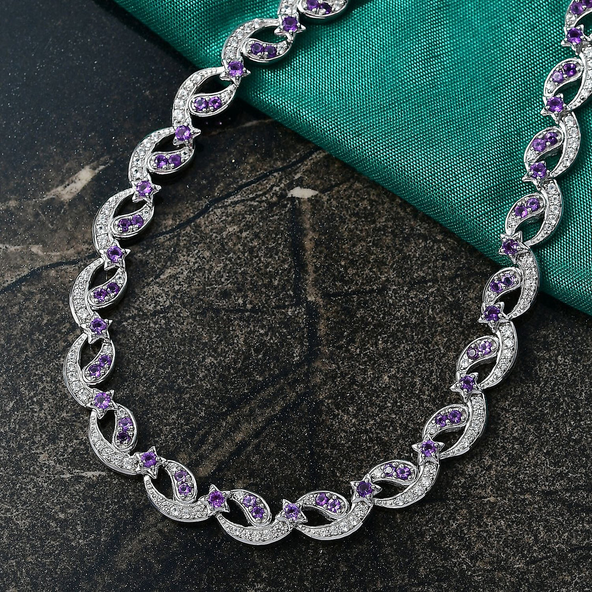 GP - Celestial Dream Collection African Amethyst, Blue Sapphire &amp; White Zircon Multi Row Necklace (Size 20) in Rhodium Overlay Sterling Silver 6.39 Ct, Silver Wt. 27.44 Gms. 8313352 2