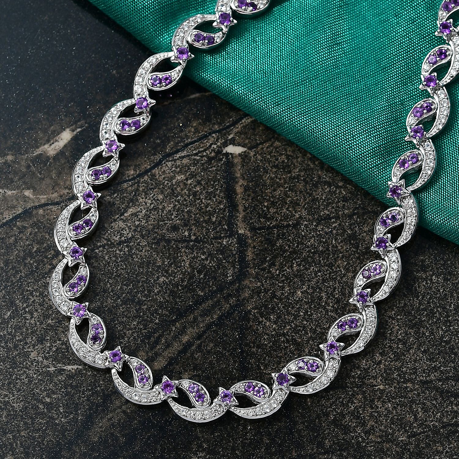 GP - Celestial Dream Collection African Amethyst, Blue Sapphire &amp; White Zircon Multi Row Necklace (Size 20) in Rhodium Overlay Sterling Silver 6.39 Ct, Silver Wt. 27.44 Gms. 8313352 2