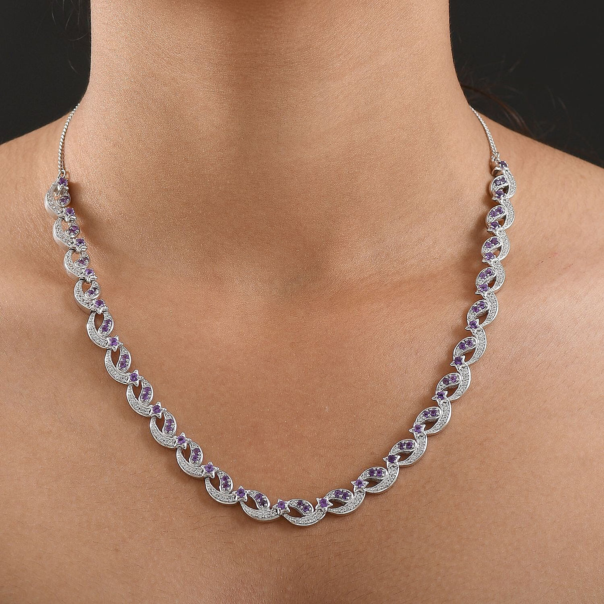 GP - Celestial Dream Collection African Amethyst, Blue Sapphire &amp; White Zircon Multi Row Necklace (Size 20) in Rhodium Overlay Sterling Silver 6.39 Ct, Silver Wt. 27.44 Gms. 8313352 3