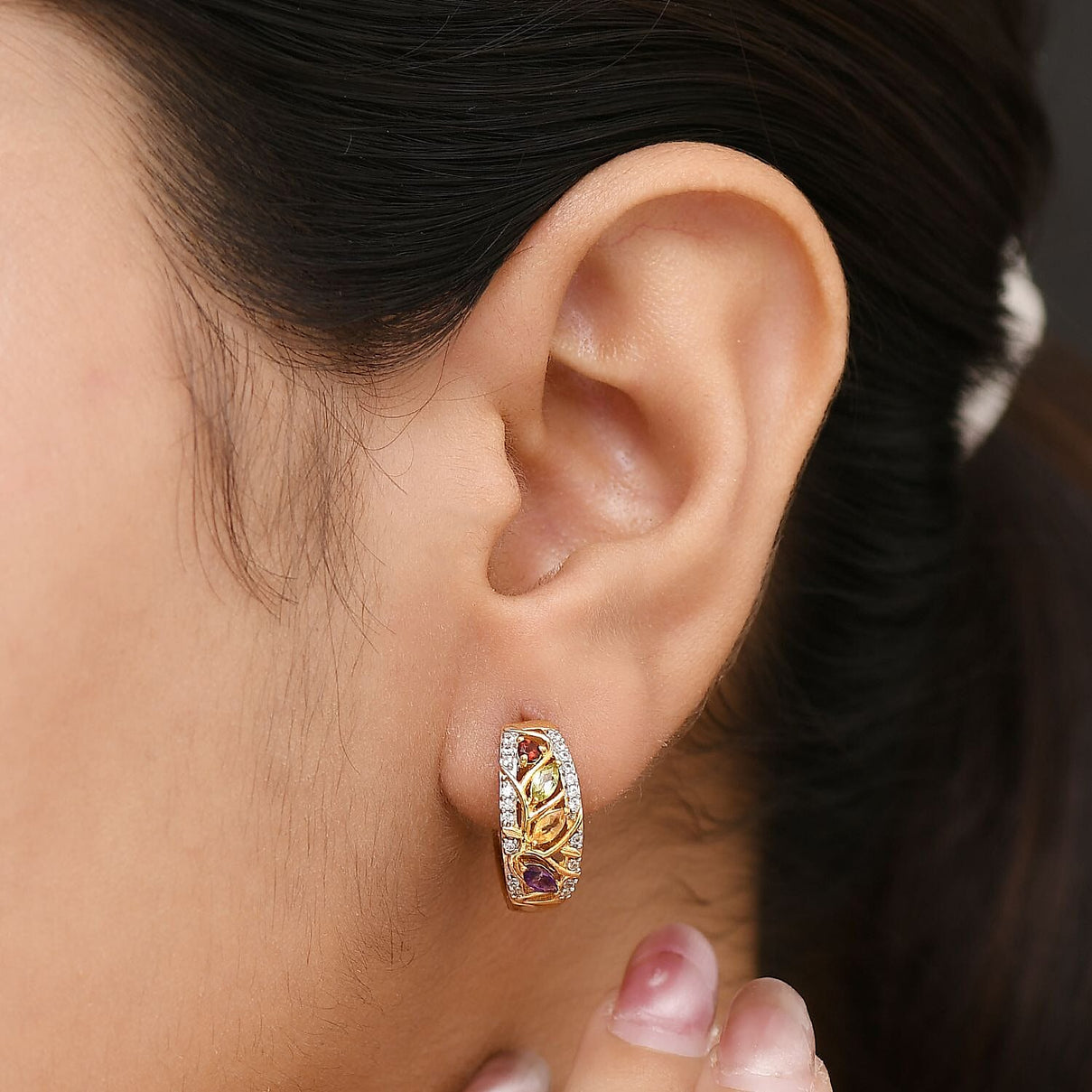 GP Italian Garden Collection - African Amethyst, Multi Gemstones Hoop Earring in 18K Vermeil Yellow Gold Over Sterling Silver 0.94 Ct. 8160982 4