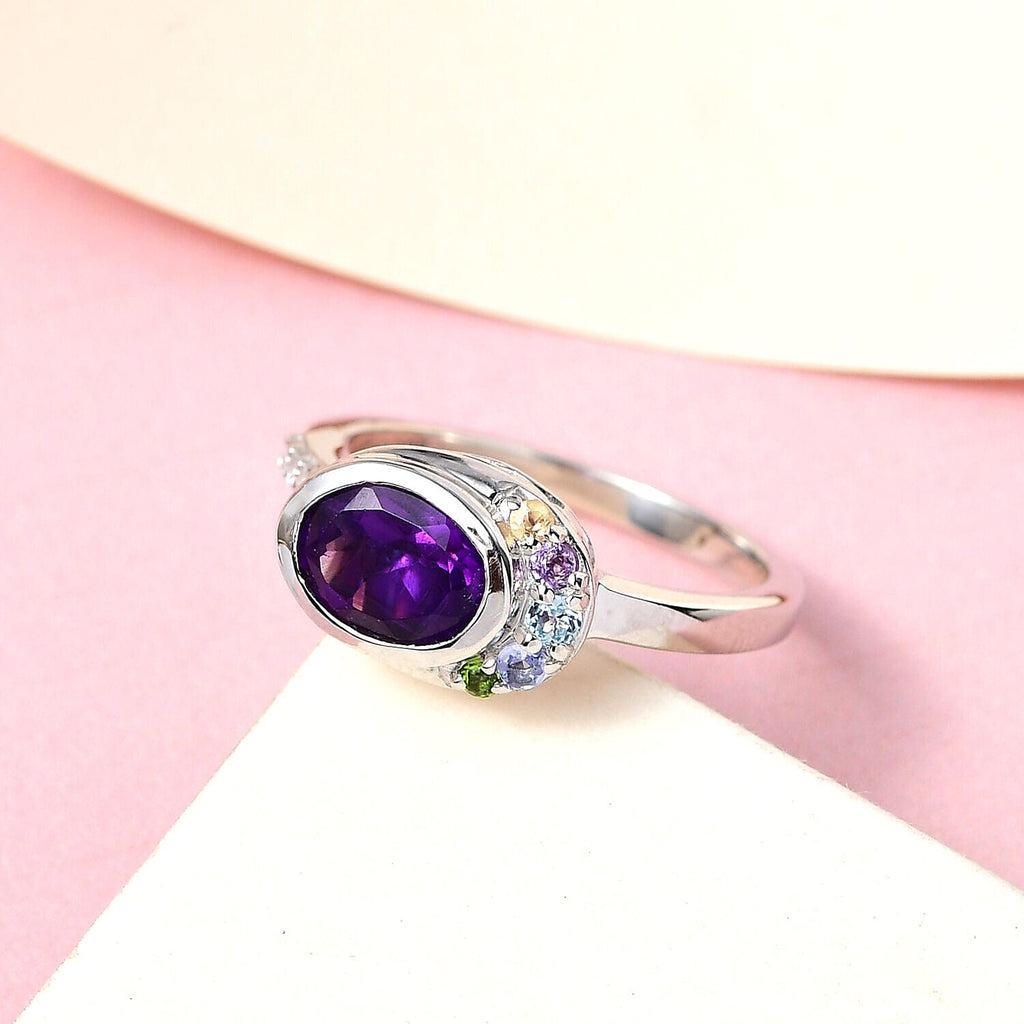 GP Celestial Collection - Amethyst and Multi Gemstone Ring in Platinum Overlay Sterling Silver 1.418 Ct.