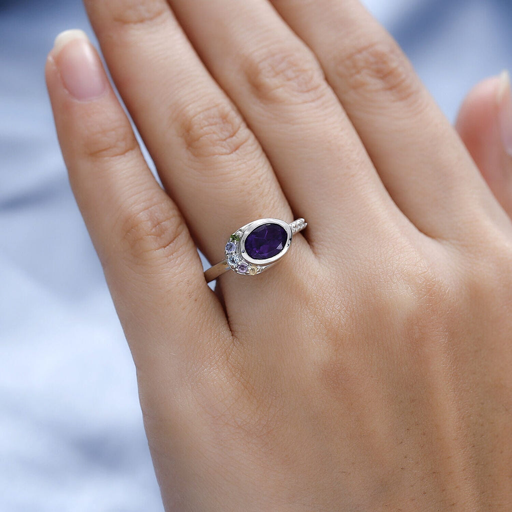 GP Celestial Collection - Amethyst and Multi Gemstone Ring in Platinum Overlay Sterling Silver 1.418 Ct.