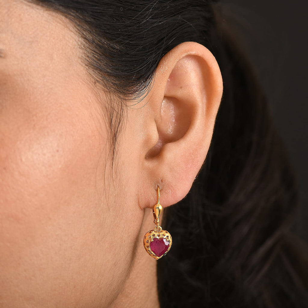 GP - Premium African Ruby & Blue Sapphire Heart Drop Earring with Lever Back in 18K Vermeil Yellow Gold Plated Sterling Silver 3.52 Ct.