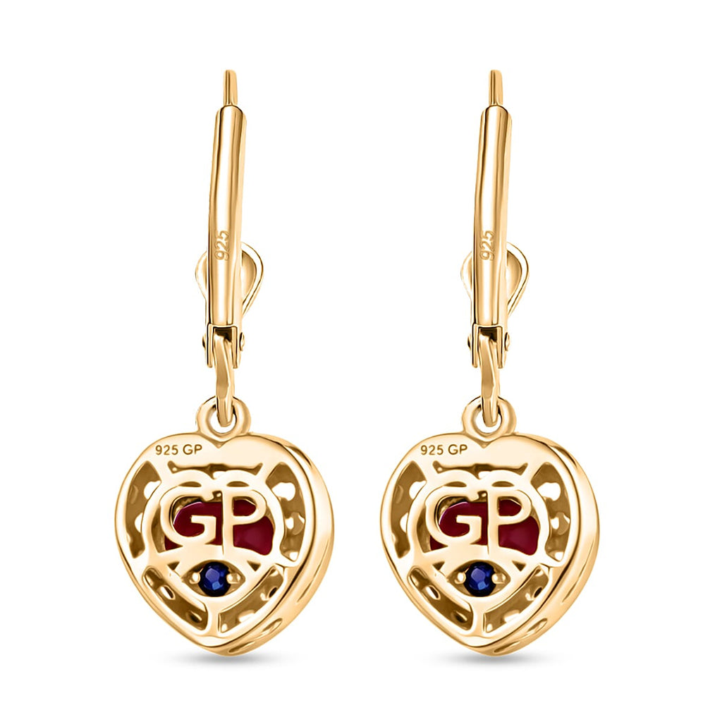 GP - Premium African Ruby & Blue Sapphire Heart Drop Earring with Lever Back in 18K Vermeil Yellow Gold Plated Sterling Silver 3.52 Ct.