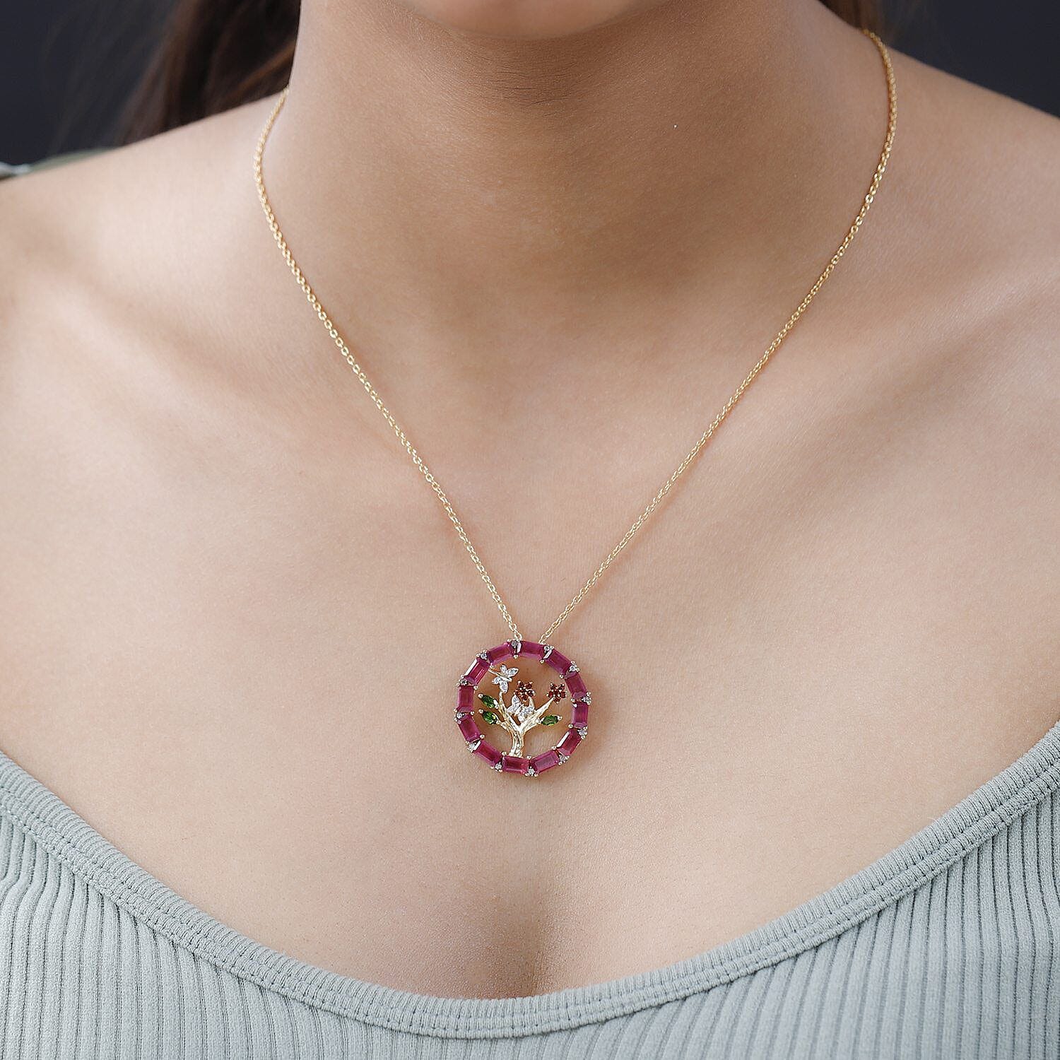 GP Leaf Collection - African Ruby and Multi Gemstone Pendant with Chain (Size - 30) in 18K Yellow Gold Vermeil Plated Sterling Silver 6.06 Ct 4138884 1