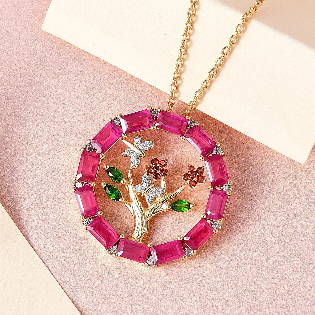 GP Leaf Collection - African Ruby and Multi Gemstone Pendant with Chain (Size - 30) in 18K Yellow Gold Vermeil Plated Sterling Silver 6.06 Ct