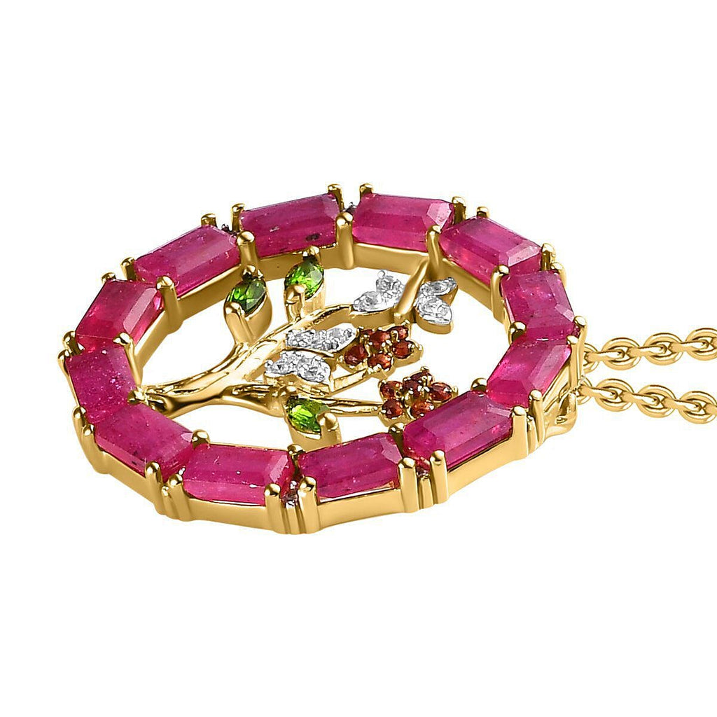 GP Leaf Collection - African Ruby and Multi Gemstone Pendant with Chain (Size - 30) in 18K Yellow Gold Vermeil Plated Sterling Silver 6.06 Ct