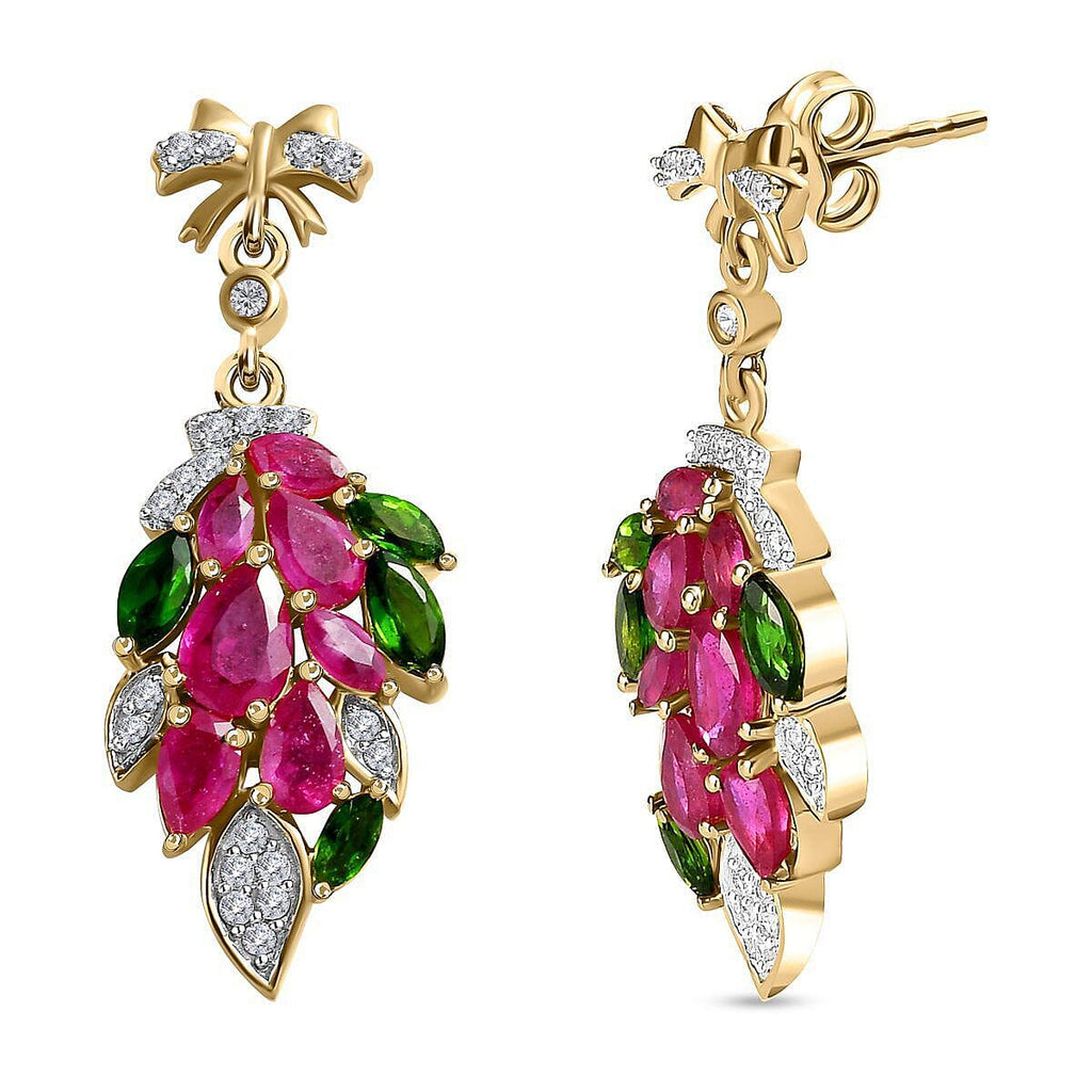 GP Leaf Collection - African Ruby, Natural Chrome Diopside and Natural Zircon Leaf Earrings with Push Back in 18K Vermeil Yellow Gold Plated Sterling Silver 5.00 Ct