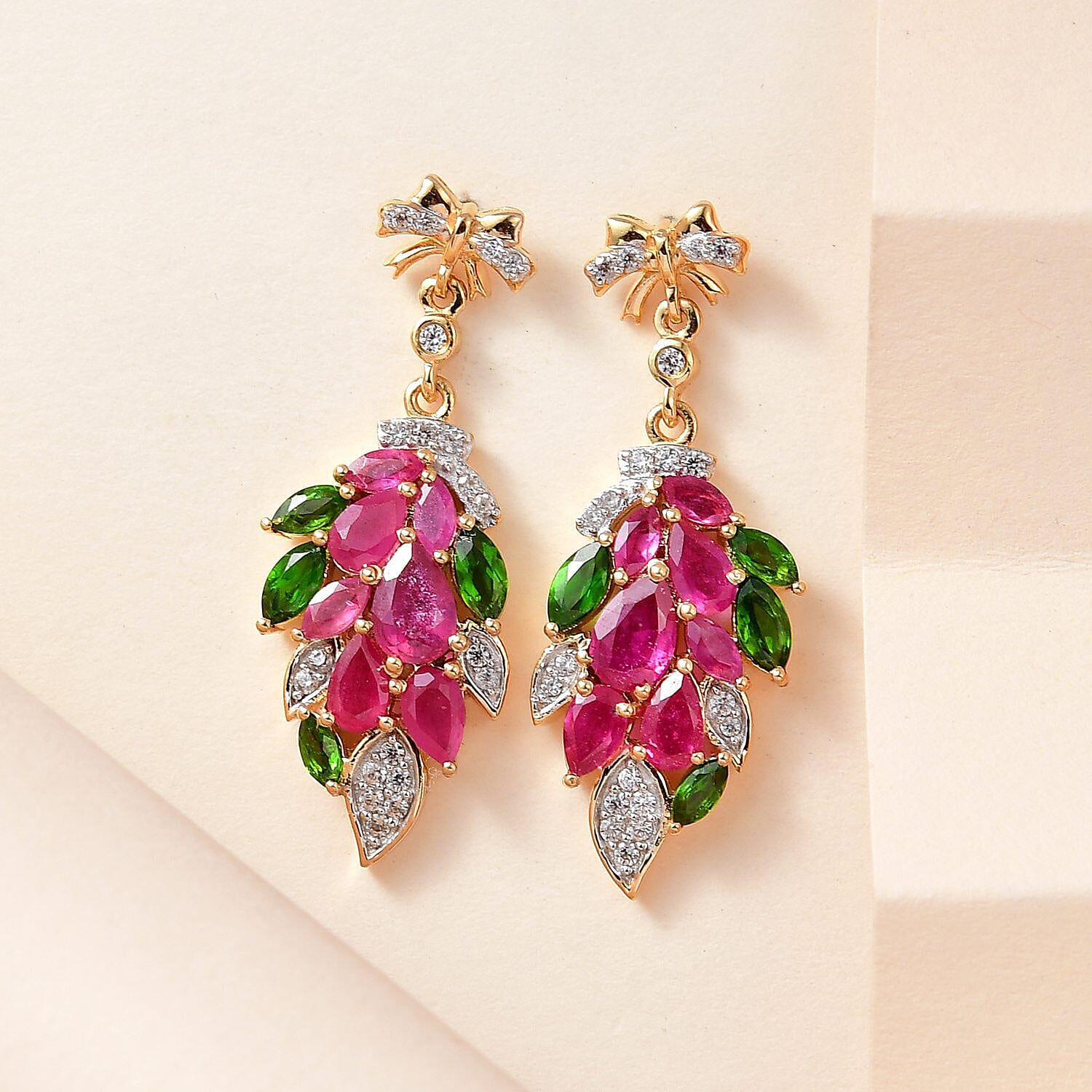 GP Leaf Collection - African Ruby, Natural Chrome Diopside and Natural Zircon Leaf Earrings with Push Back in 18K Vermeil Yellow Gold Plated Sterling Silver 5.00 Ct 7326923 2