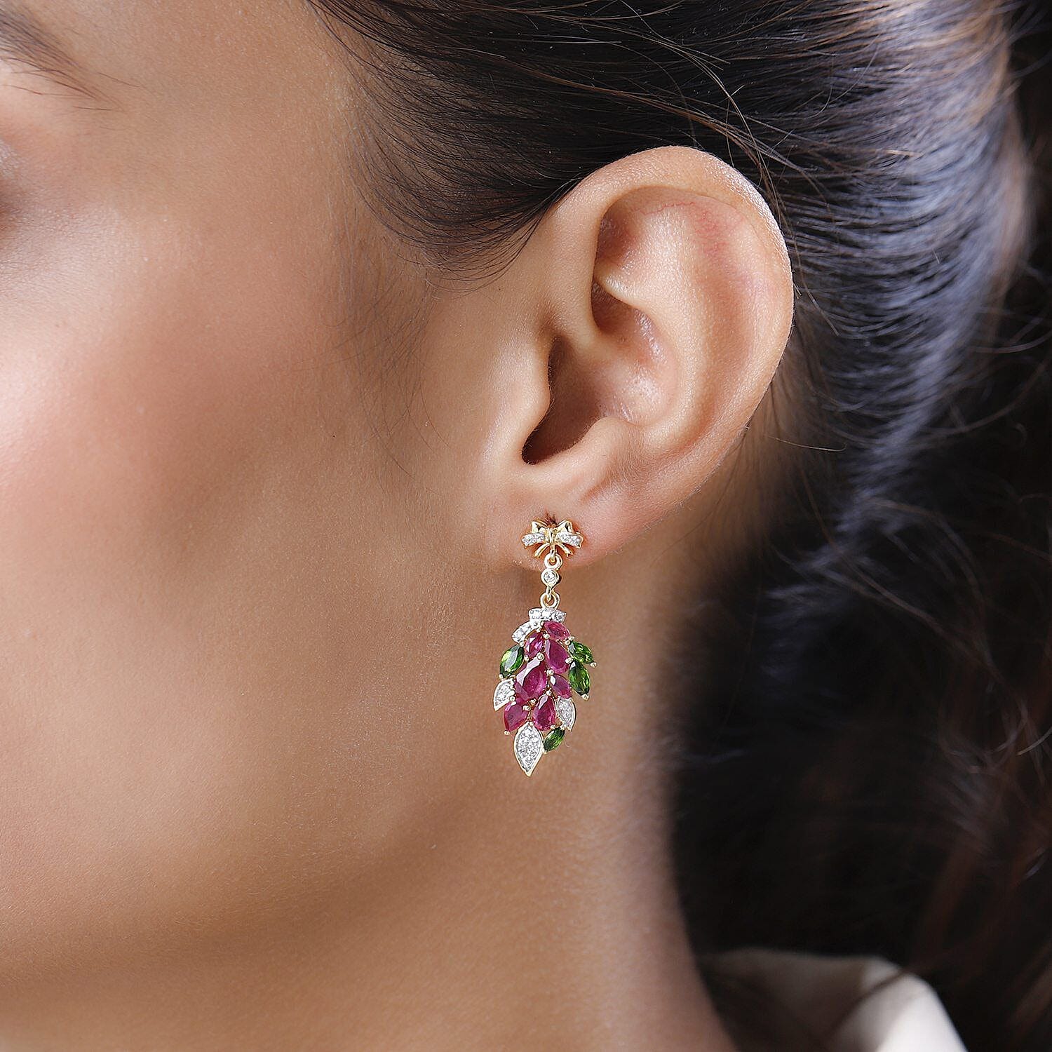 GP Leaf Collection - African Ruby, Natural Chrome Diopside and Natural Zircon Leaf Earrings with Push Back in 18K Vermeil Yellow Gold Plated Sterling Silver 5.00 Ct 7326923 3