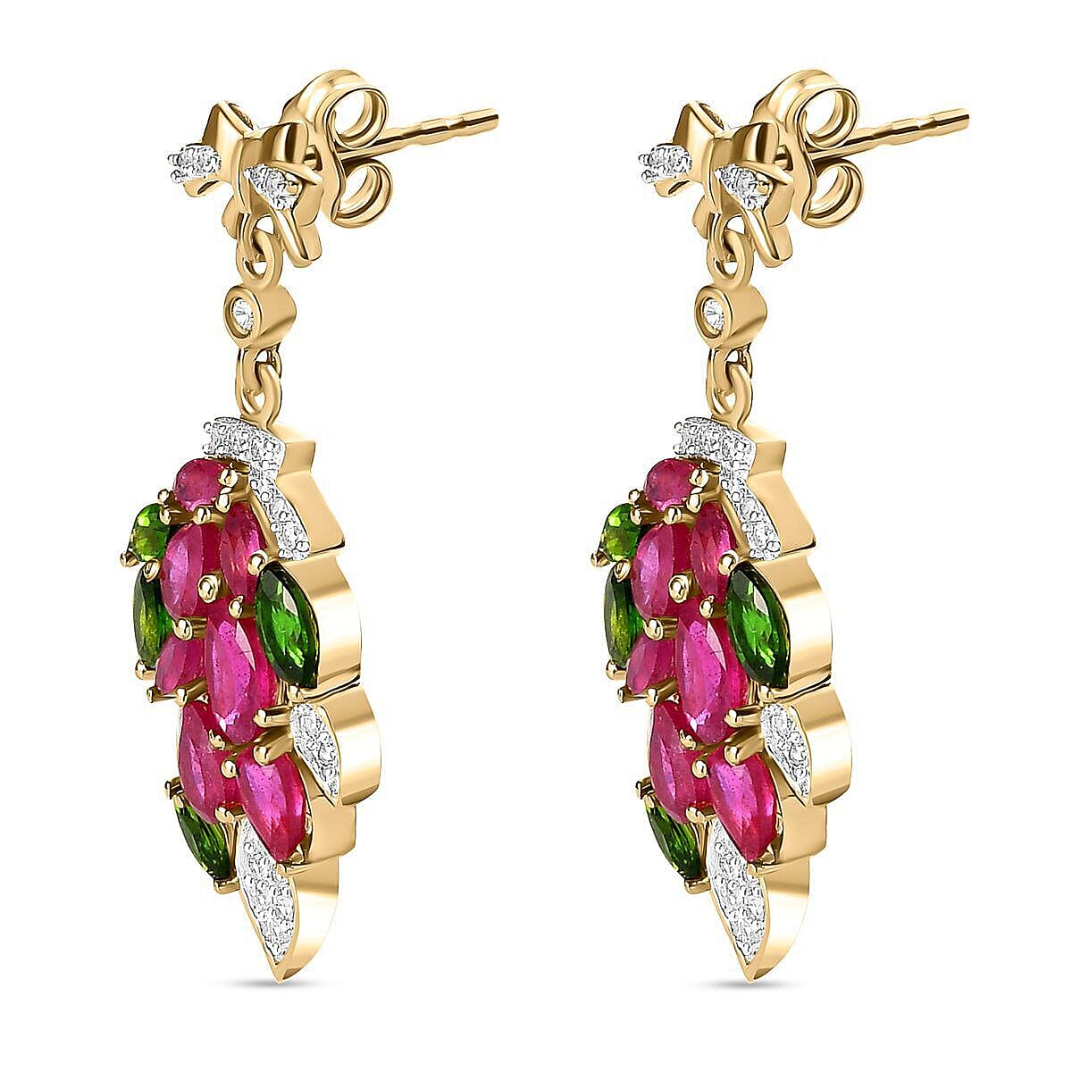 GP Leaf Collection - African Ruby, Natural Chrome Diopside and Natural Zircon Leaf Earrings with Push Back in 18K Vermeil Yellow Gold Plated Sterling Silver 5.00 Ct 7326923 4