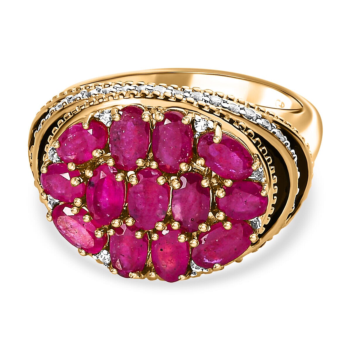 GP Art Deco Collection - African Ruby and Natural Zircon Cluster Enameled Ring in 18K YG Vermeil Plated Sterling Silver 4.80 Ct, Silver Wt 6.50 Gms. 7340146 0