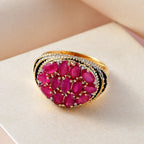 GP Art Deco Collection - African Ruby and Natural Zircon Cluster Enamelled Ring in 18K Vermeil Yellow Gold Plated Sterling Silver 4.80 Ct, Silver Wt 6.50 Gms.