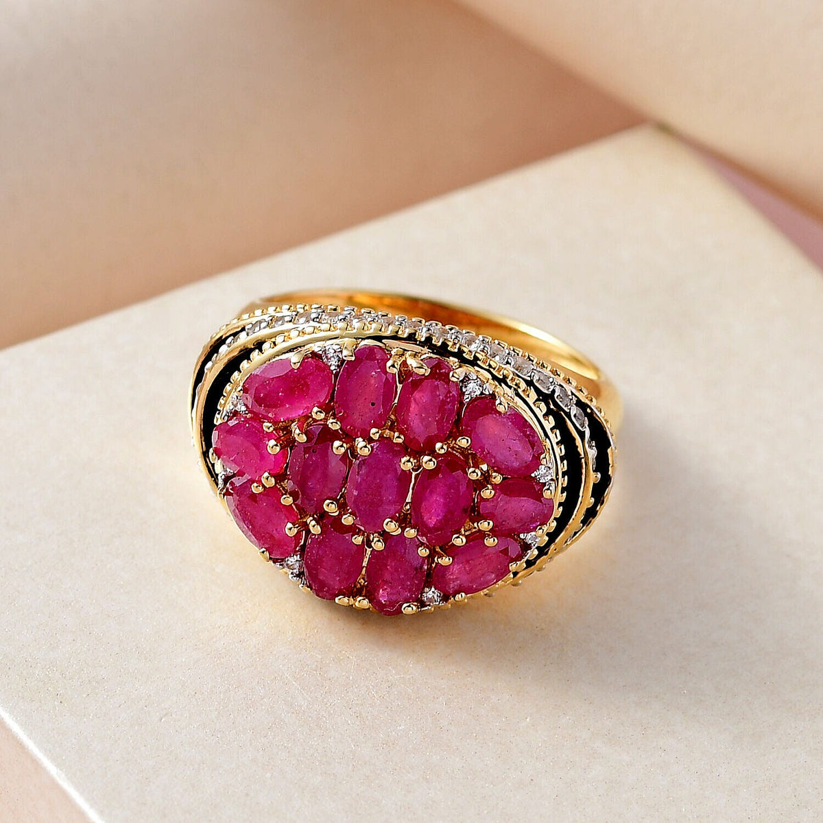GP Art Deco Collection - African Ruby and Natural Zircon Cluster Enameled Ring in 18K YG Vermeil Plated Sterling Silver 4.80 Ct, Silver Wt 6.50 Gms. 7340146 1