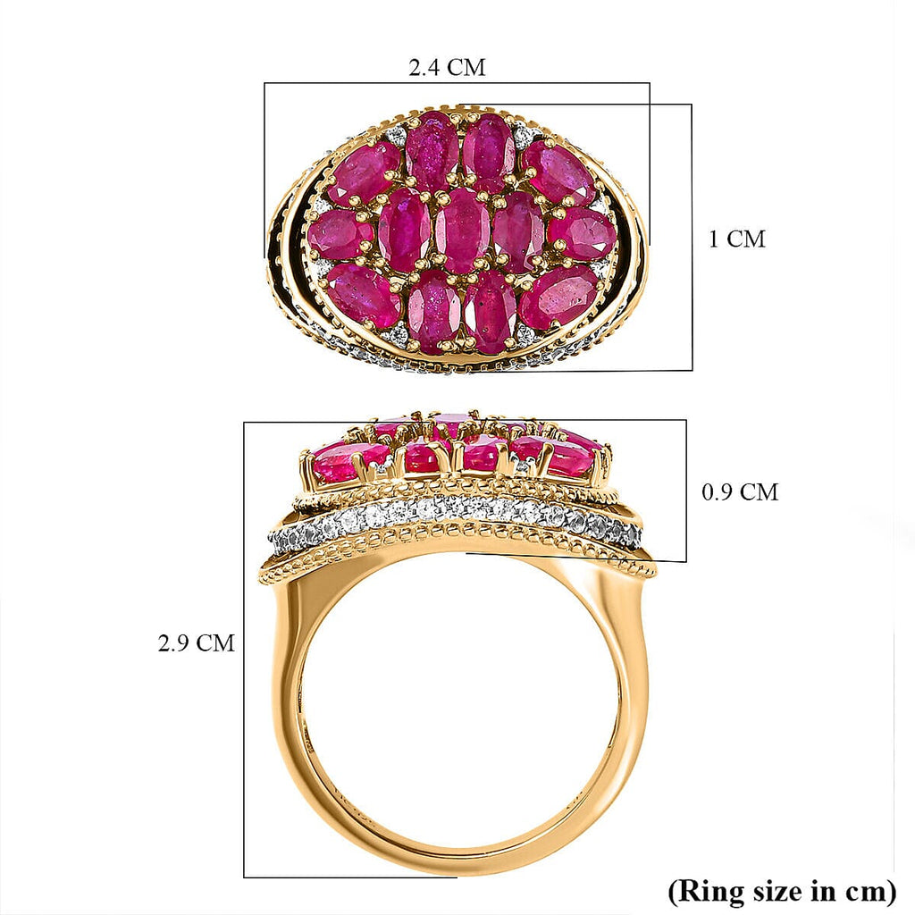 GP Art Deco Collection - African Ruby and Natural Zircon Cluster Enamelled Ring in 18K Vermeil Yellow Gold Plated Sterling Silver 4.80 Ct, Silver Wt 6.50 Gms.