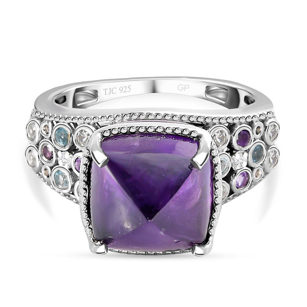 GP Art Deco Collection - Amethyst, Swiss Blue Topaz and Multi Gemstone Ring in Platinum Overlay Sterling Silver 5.95 Ct, Silver Wt. 5.00 Gms