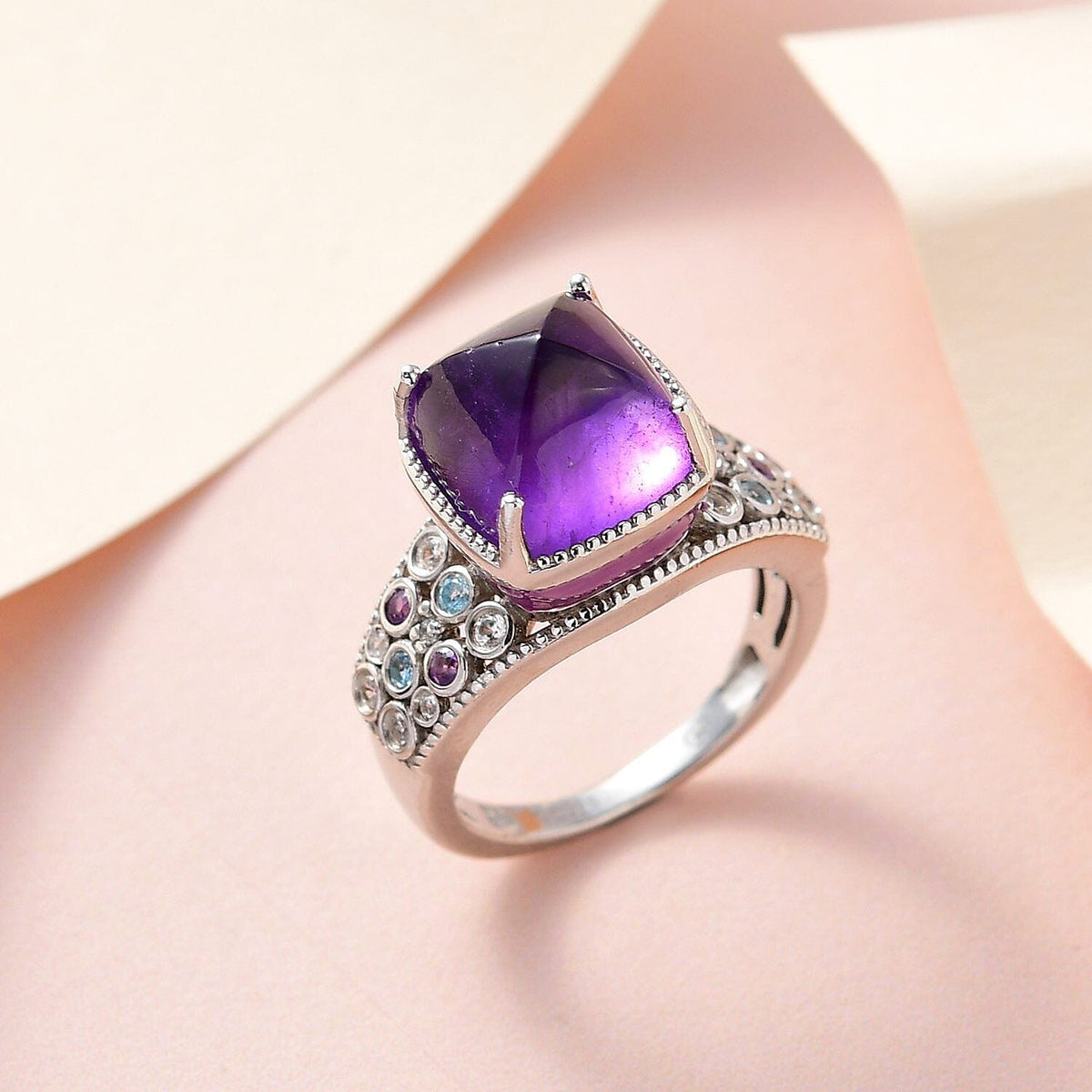 GP Art Deco Collection - Amethyst, Swiss Blue Topaz and Multi Gemstone Ring in Platinum Overlay Sterling Silver 7276795 2
